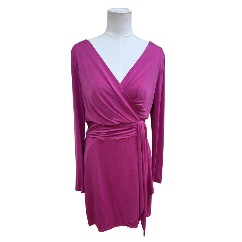 Guess Size 14 Hot Pink Faux Wrap Dress Long Sleeve Stretch Cocktail Midi Party